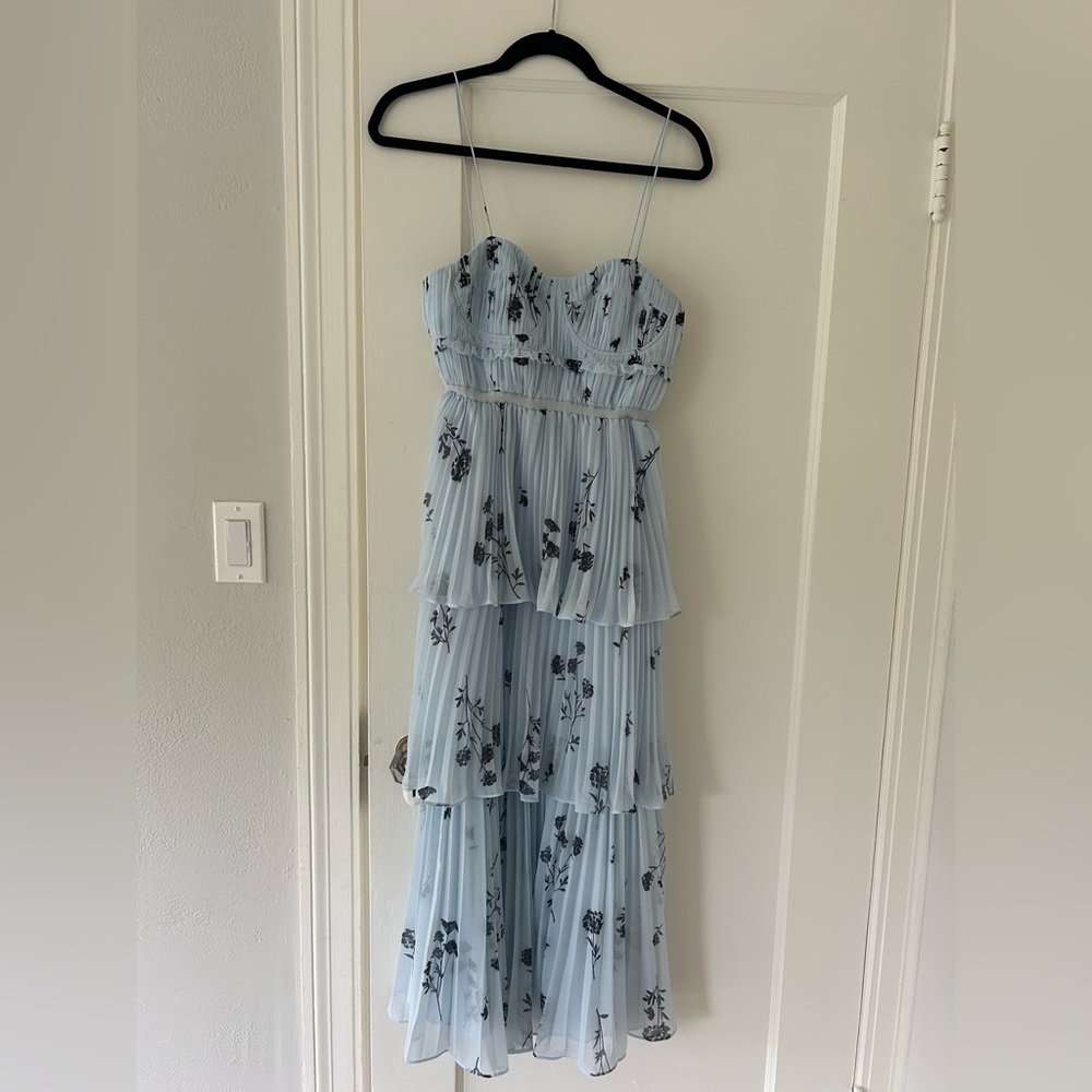 Self-Portrait Tiered Chiffon Midi Light Blue Dress